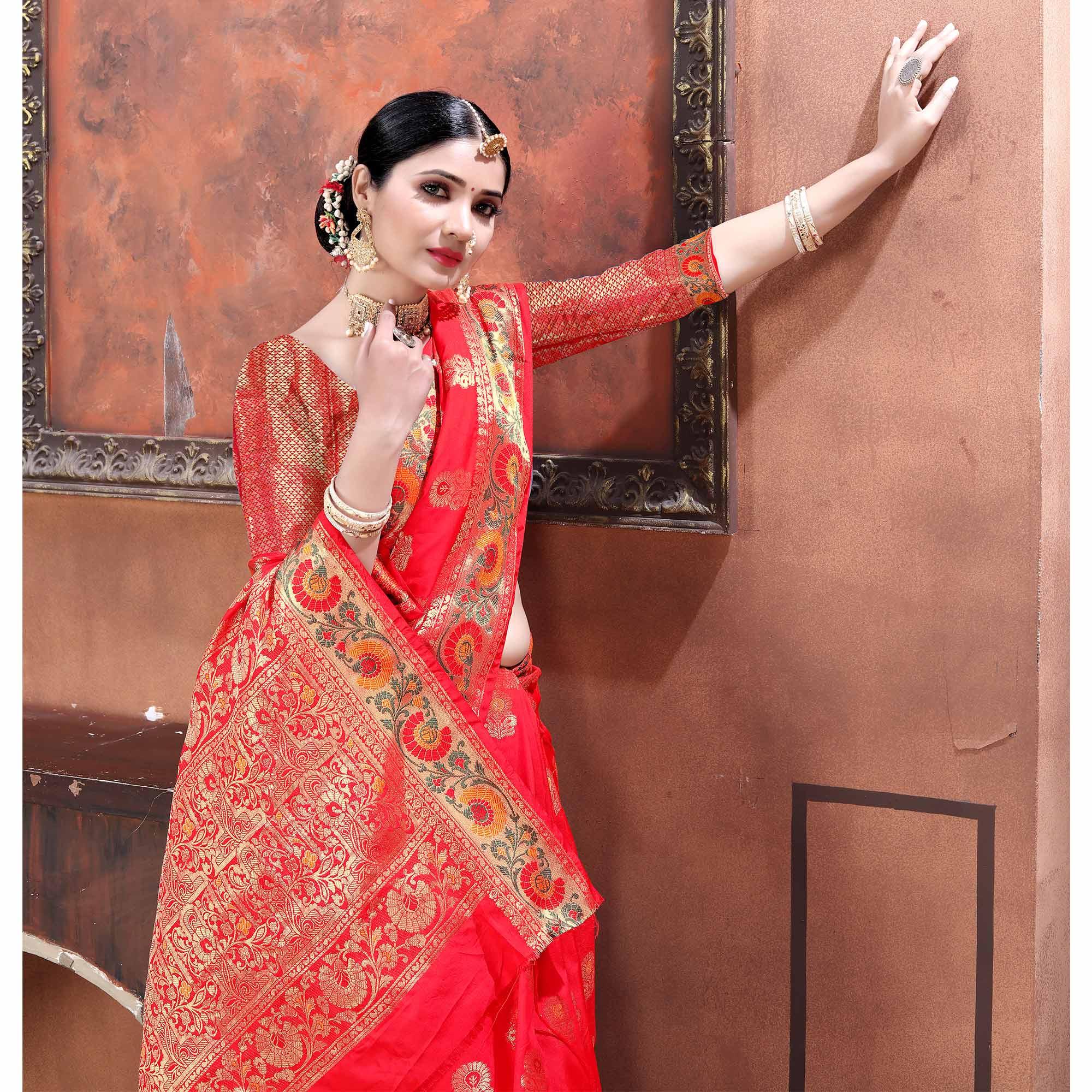 Red Festive Wear Woven Soft Silk Saree - Peachmode