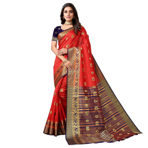 Red Festive Wear Woven Soft Silk Saree With Jacquard Border - Peachmode