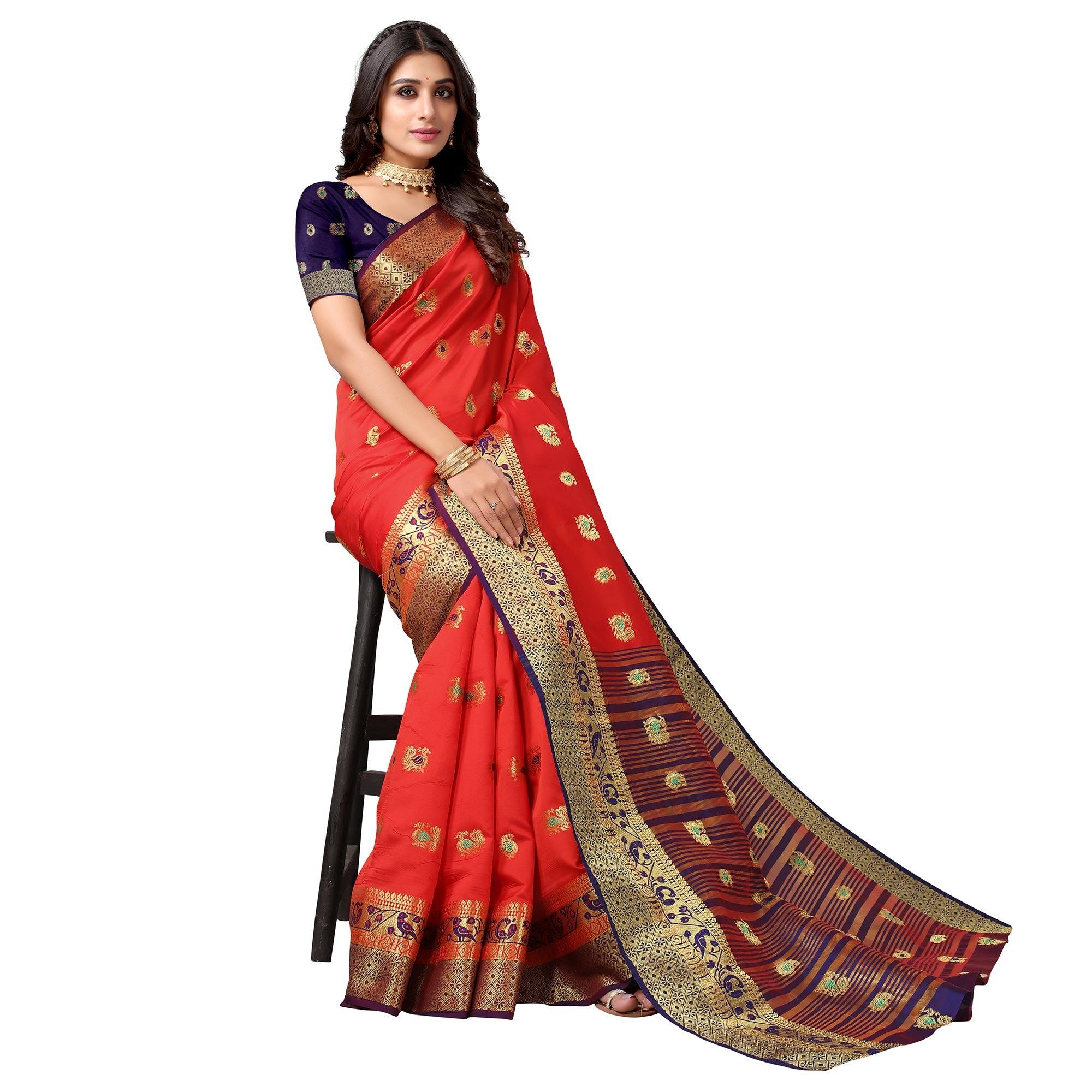 Red Festive Wear Woven Soft Silk Saree With Jacquard Border - Peachmode
