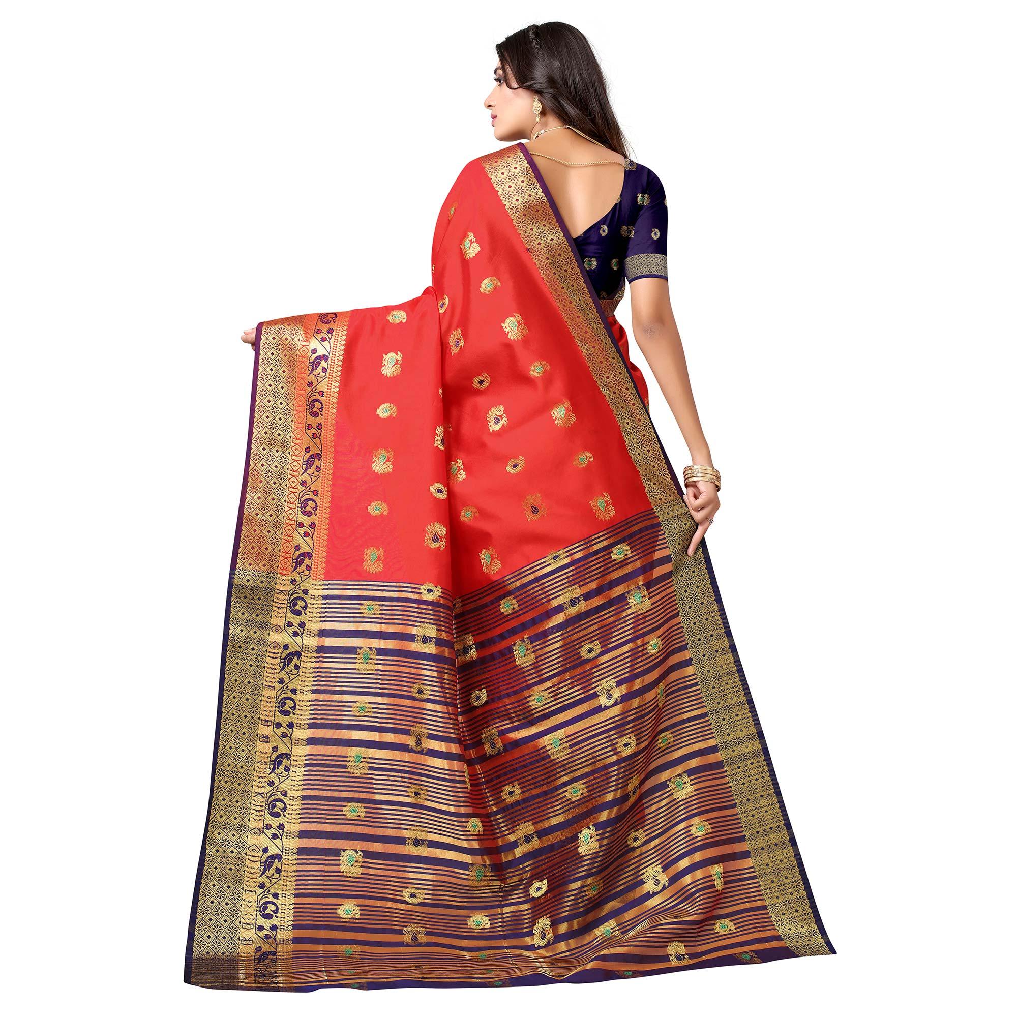 Red Festive Wear Woven Soft Silk Saree With Jacquard Border - Peachmode