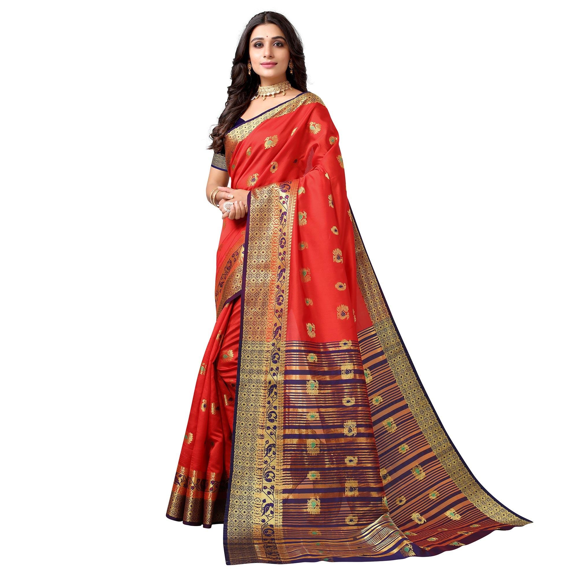 Red Festive Wear Woven Soft Silk Saree With Jacquard Border - Peachmode