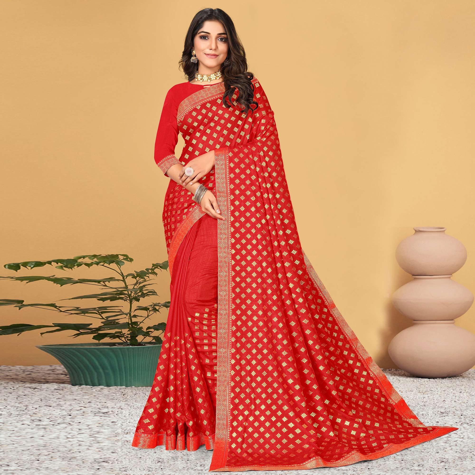 Red Festive Wear Woven Vichitra Silk Saree - Peachmode
