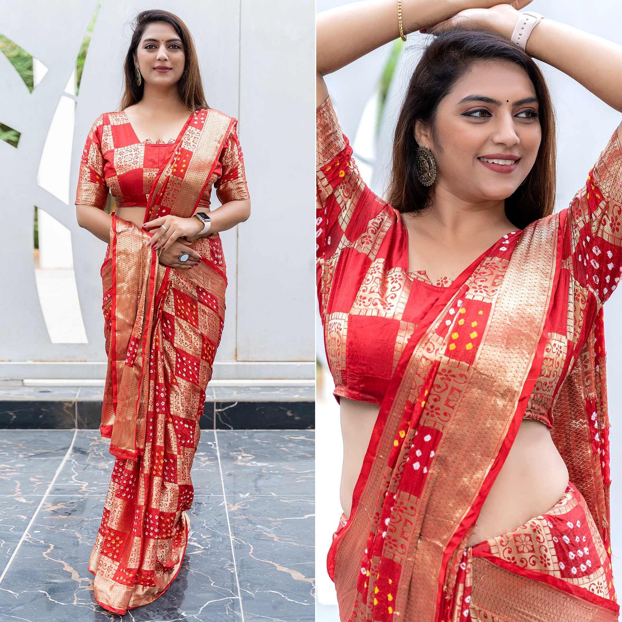 Red Festive Wear Woven With Bandhani Printed Art Silk Saree - Peachmode