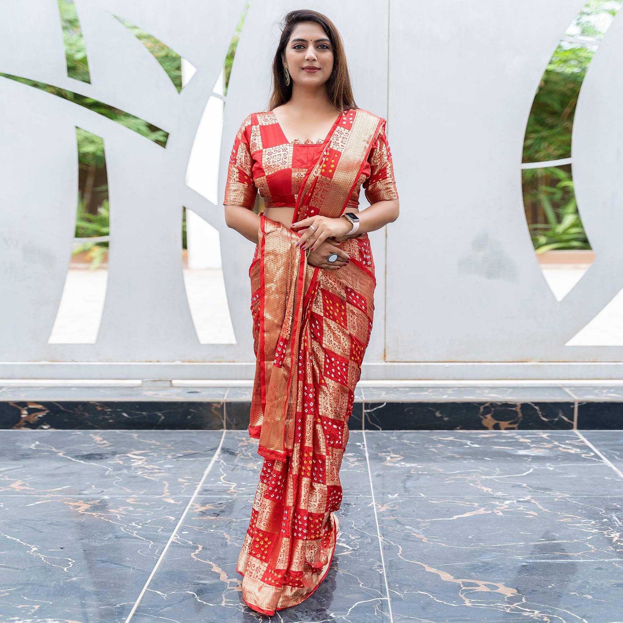 Red Festive Wear Woven With Bandhani Printed Art Silk Saree - Peachmode