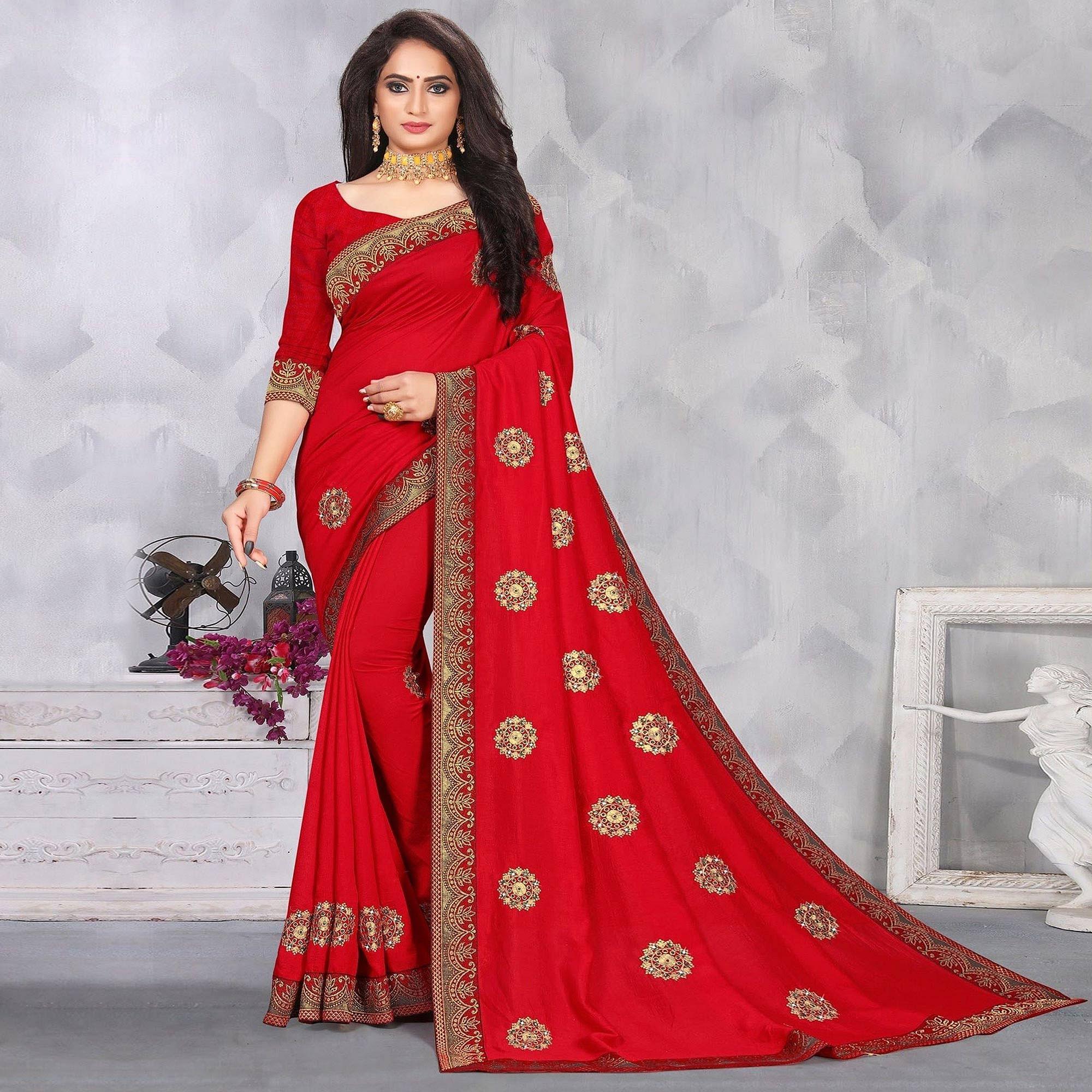 Red Festive Wear Woven With Embellished Vichitra Silk Saree - Peachmode