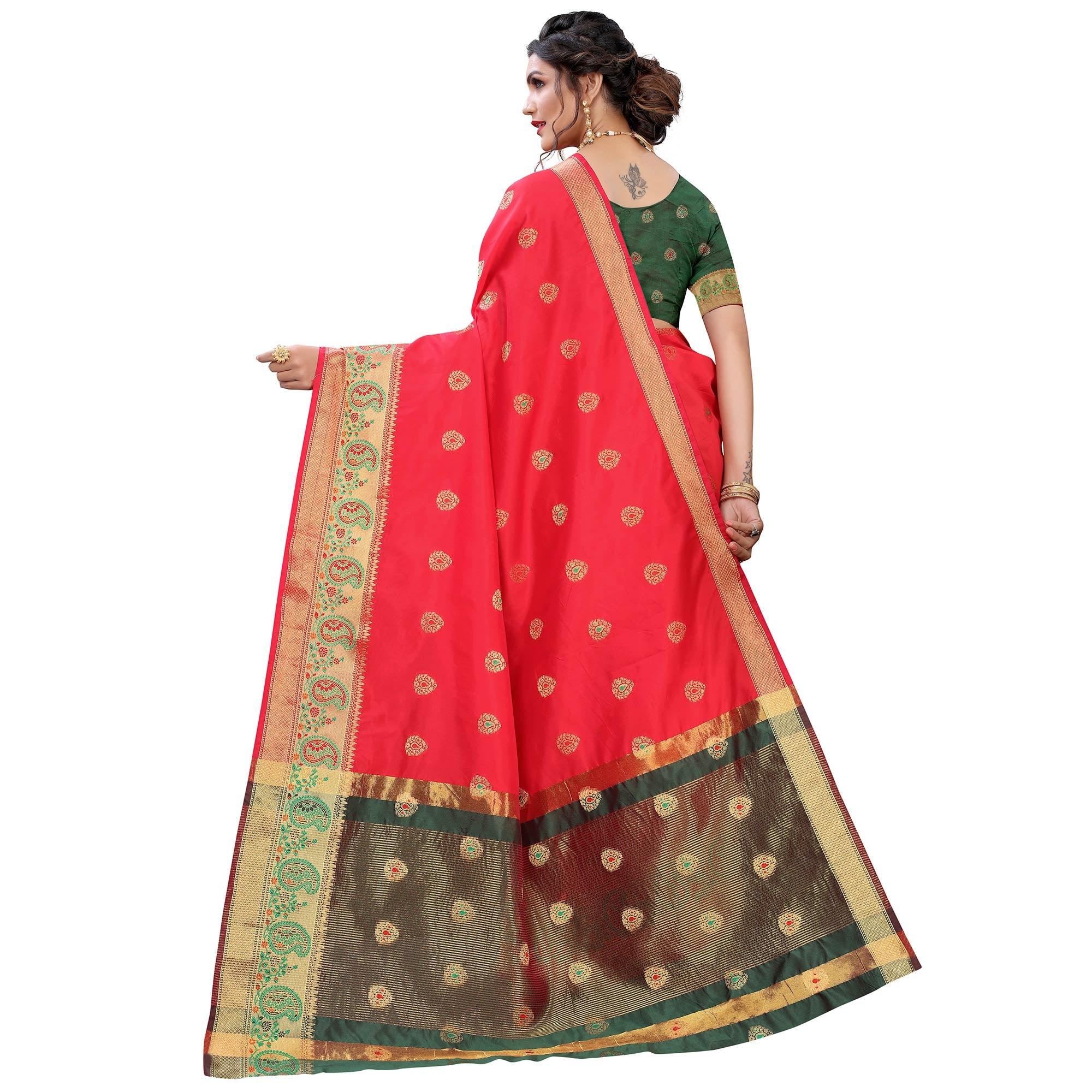 Red Festive Wear Woven With Meena Butta Lining Pallu Soft Silk Saree - Peachmode