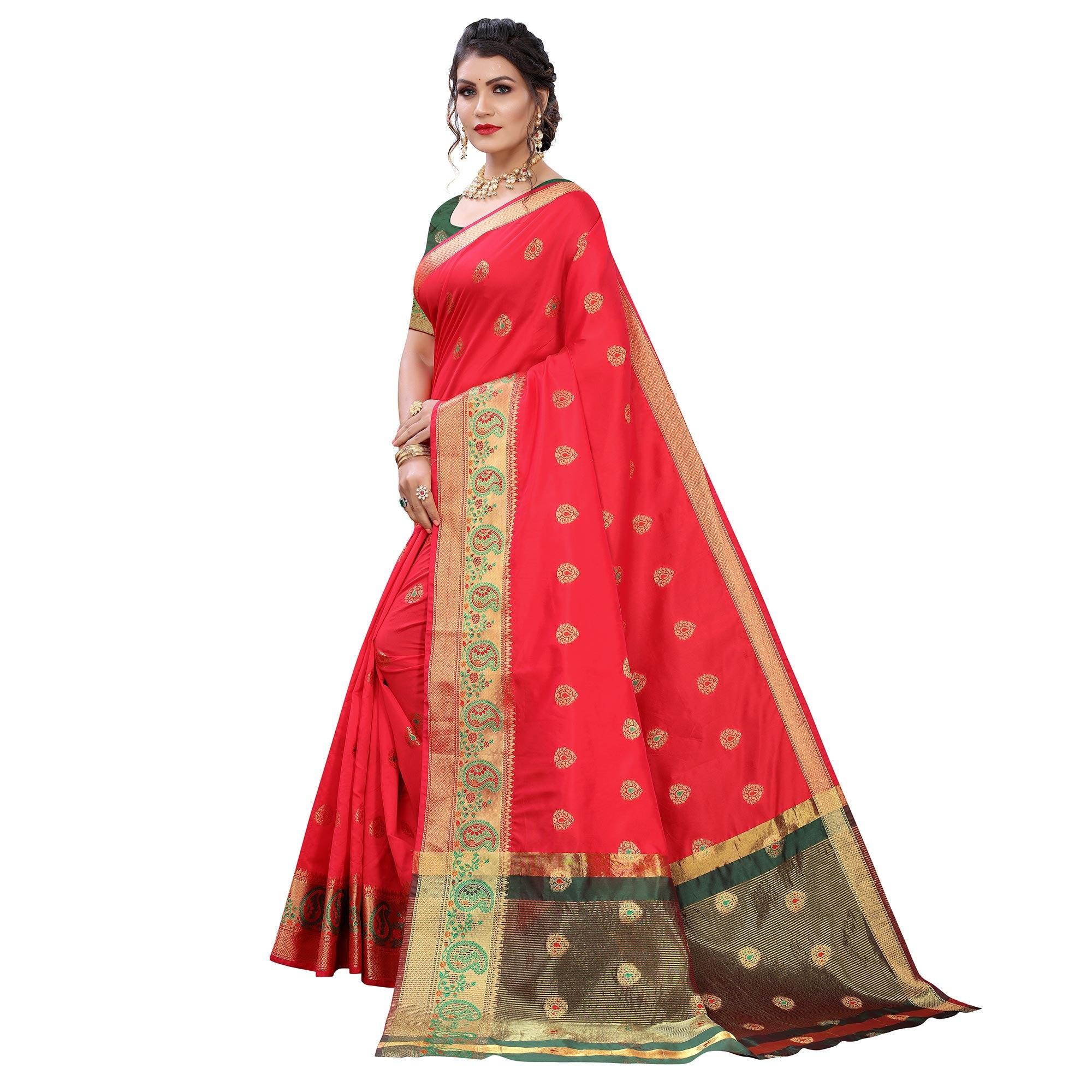 Red Festive Wear Woven With Meena Butta Lining Pallu Soft Silk Saree - Peachmode