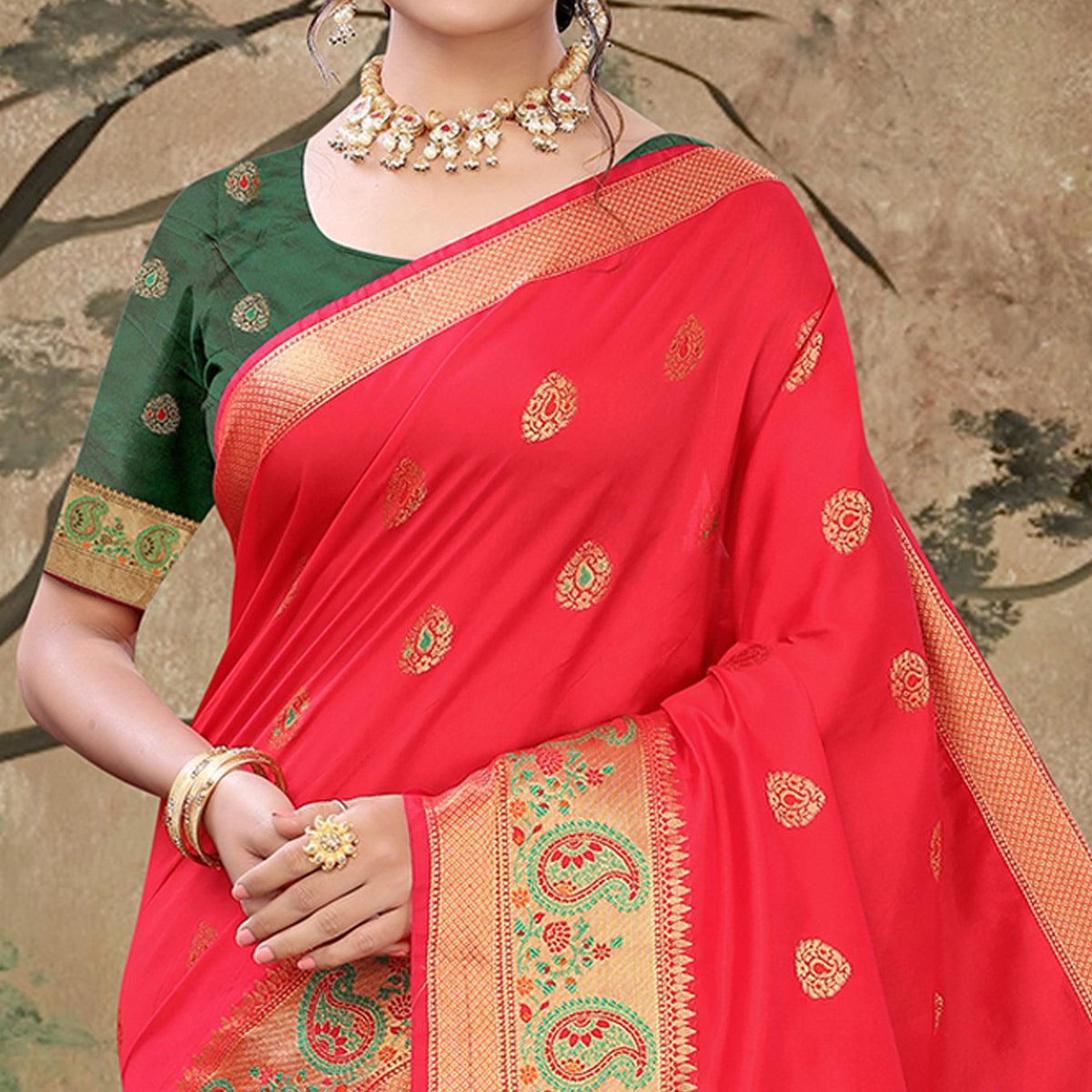 Red Festive Wear Woven With Meena Butta Lining Pallu Soft Silk Saree - Peachmode