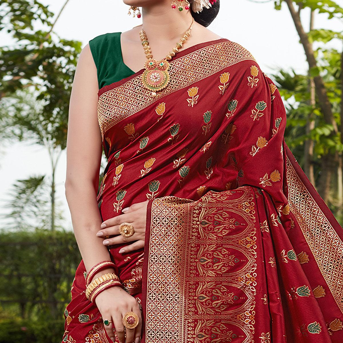Red Festive Wear Woven With Meena Rappier Lichi Silk Saree - Peachmode