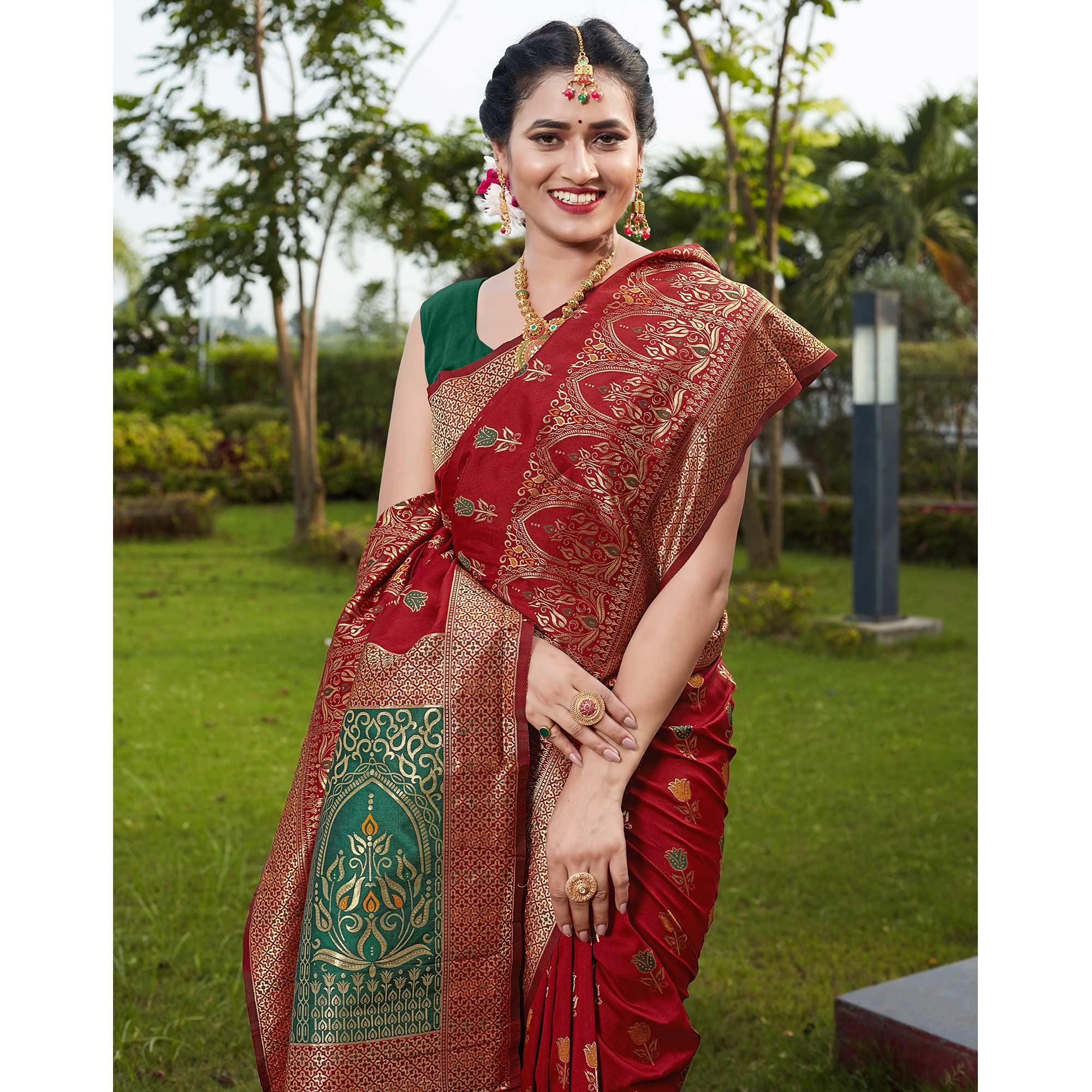 Red Festive Wear Woven With Meena Rappier Lichi Silk Saree - Peachmode