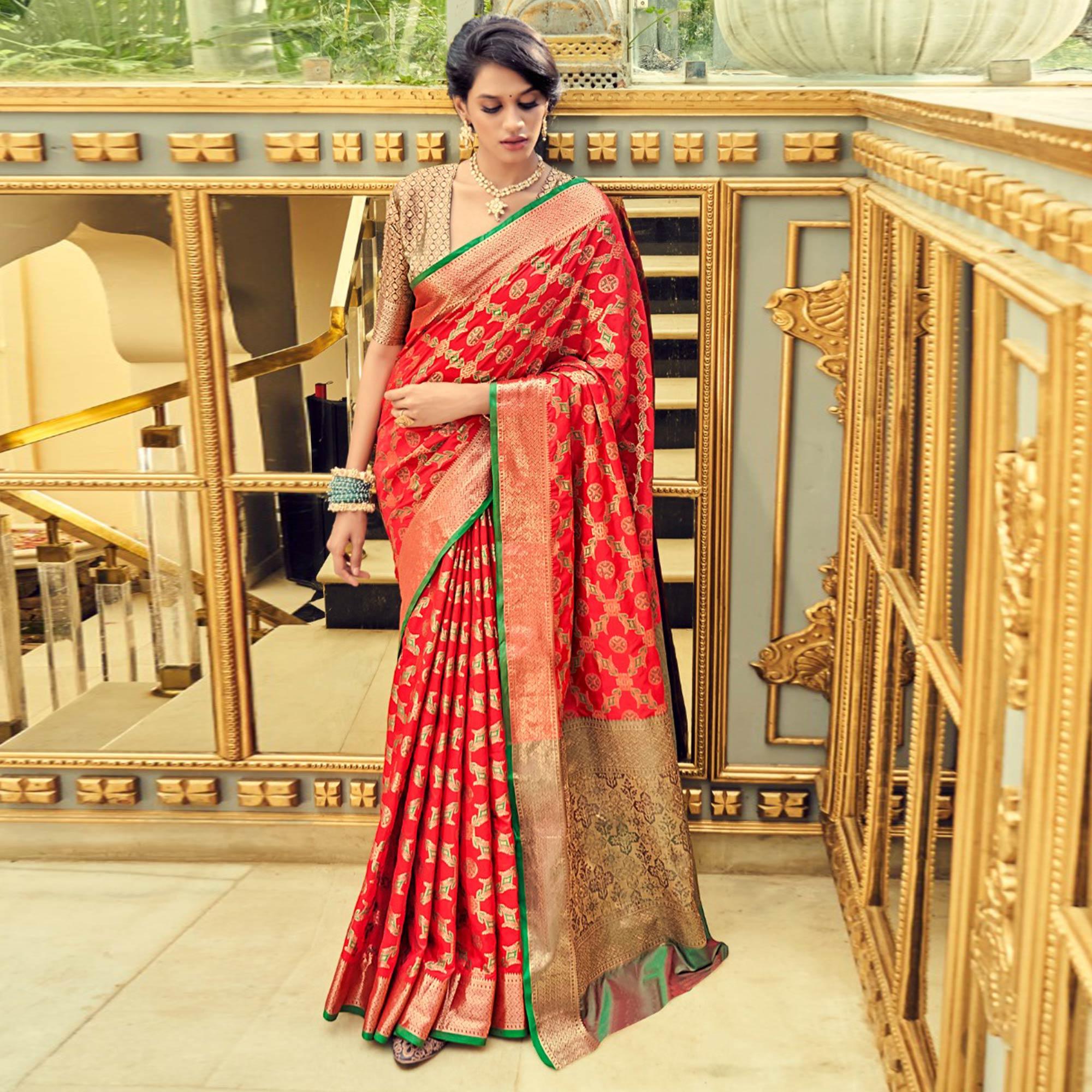 Red Festive Wear Woven Zari Potola Silk Saree - Peachmode