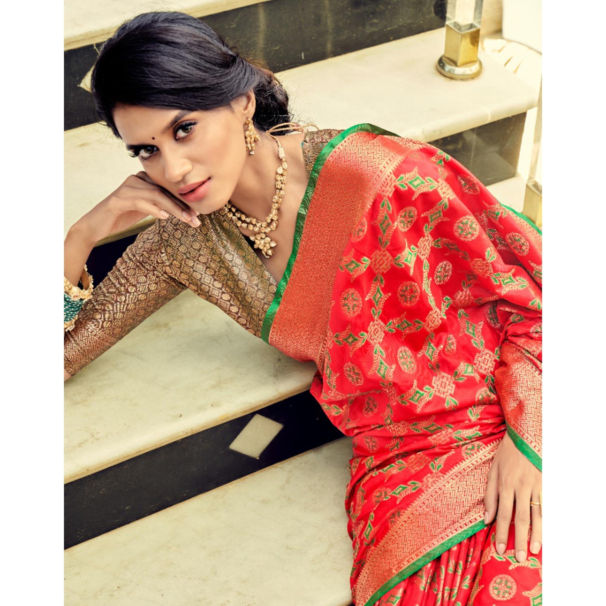 Red Festive Wear Woven Zari Potola Silk Saree - Peachmode