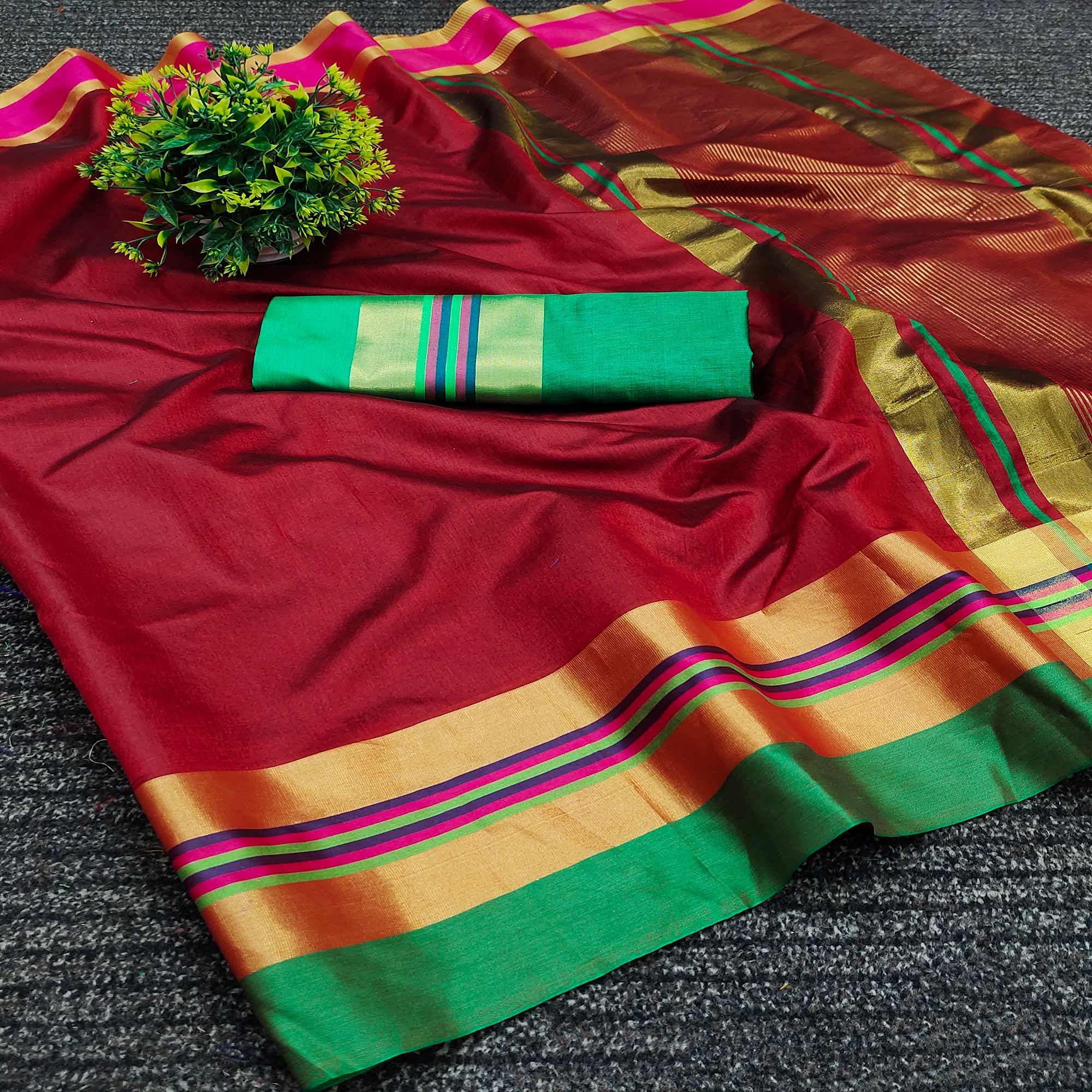 Red Festive Wear Zari Border Cotton Blend Saree - Peachmode