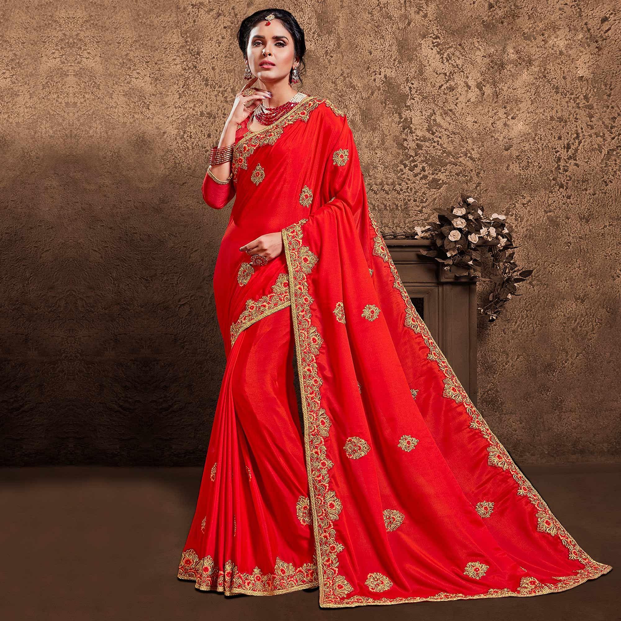 Red Festive Wear Zari Embroidered Silk Designer Saree - Peachmode