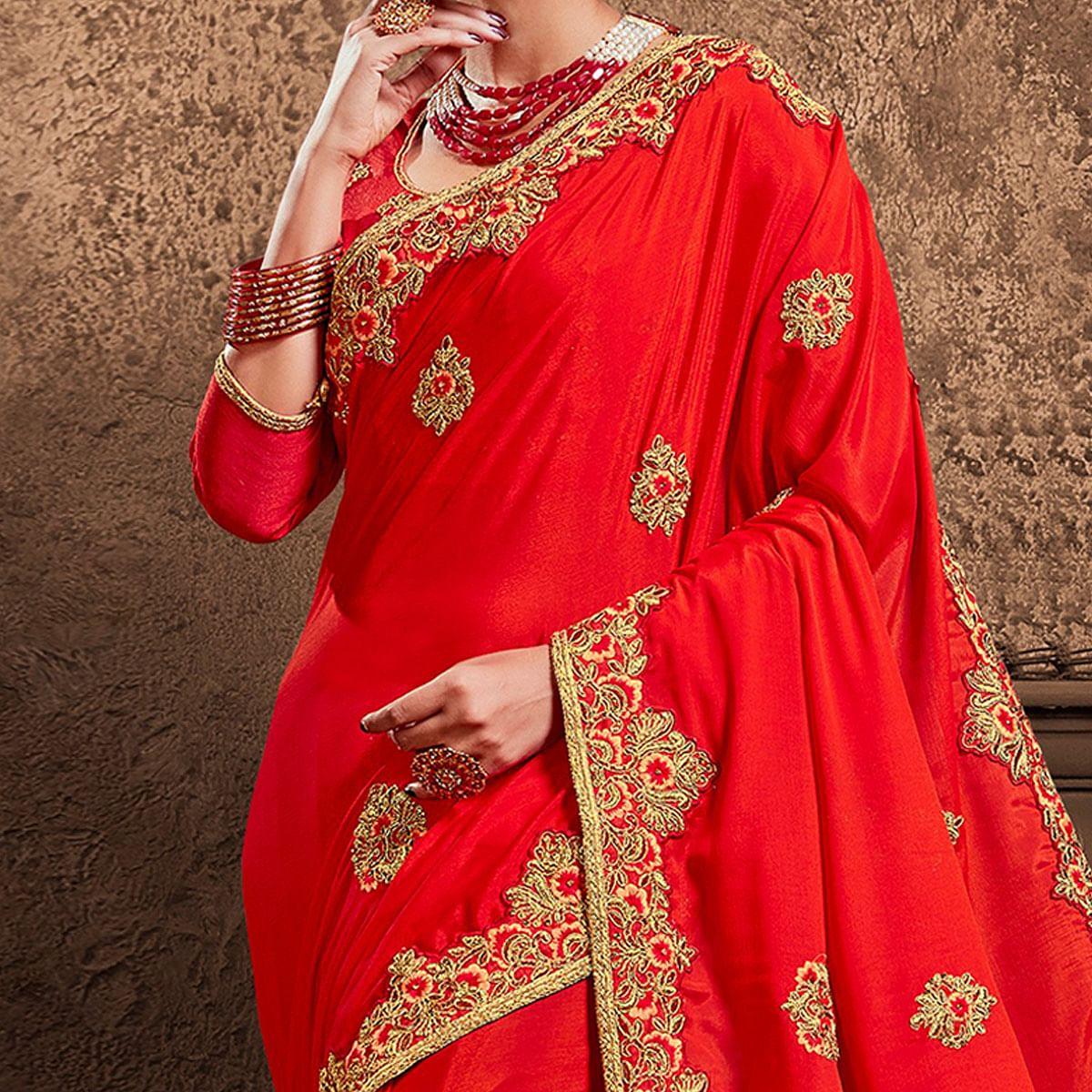 Red Festive Wear Zari Embroidered Silk Designer Saree - Peachmode