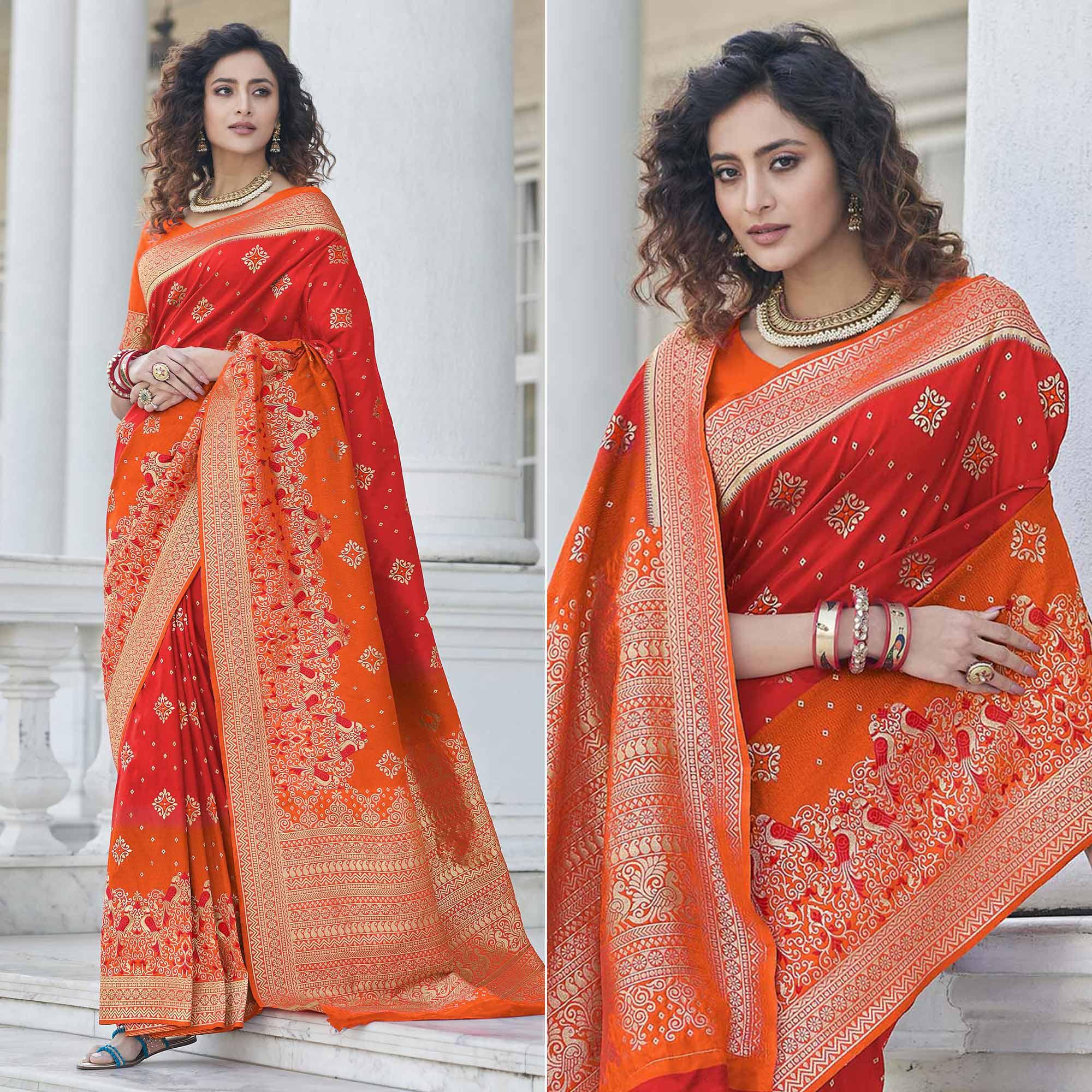 Red Festive Wear Zari Woven Banarasi Silk Saree - Peachmode