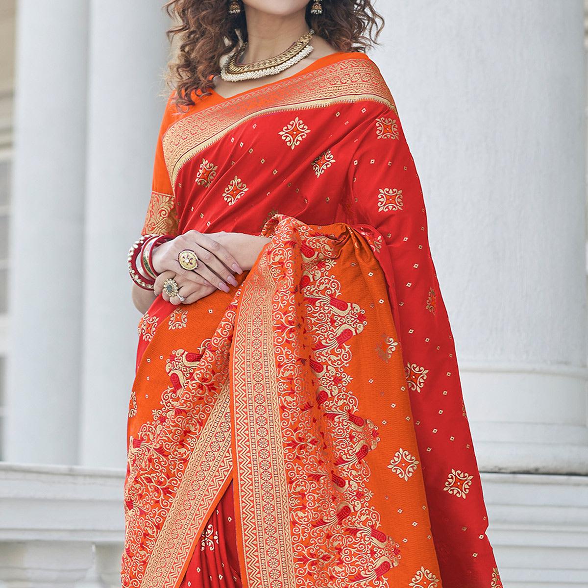Red Festive Wear Zari Woven Banarasi Silk Saree - Peachmode