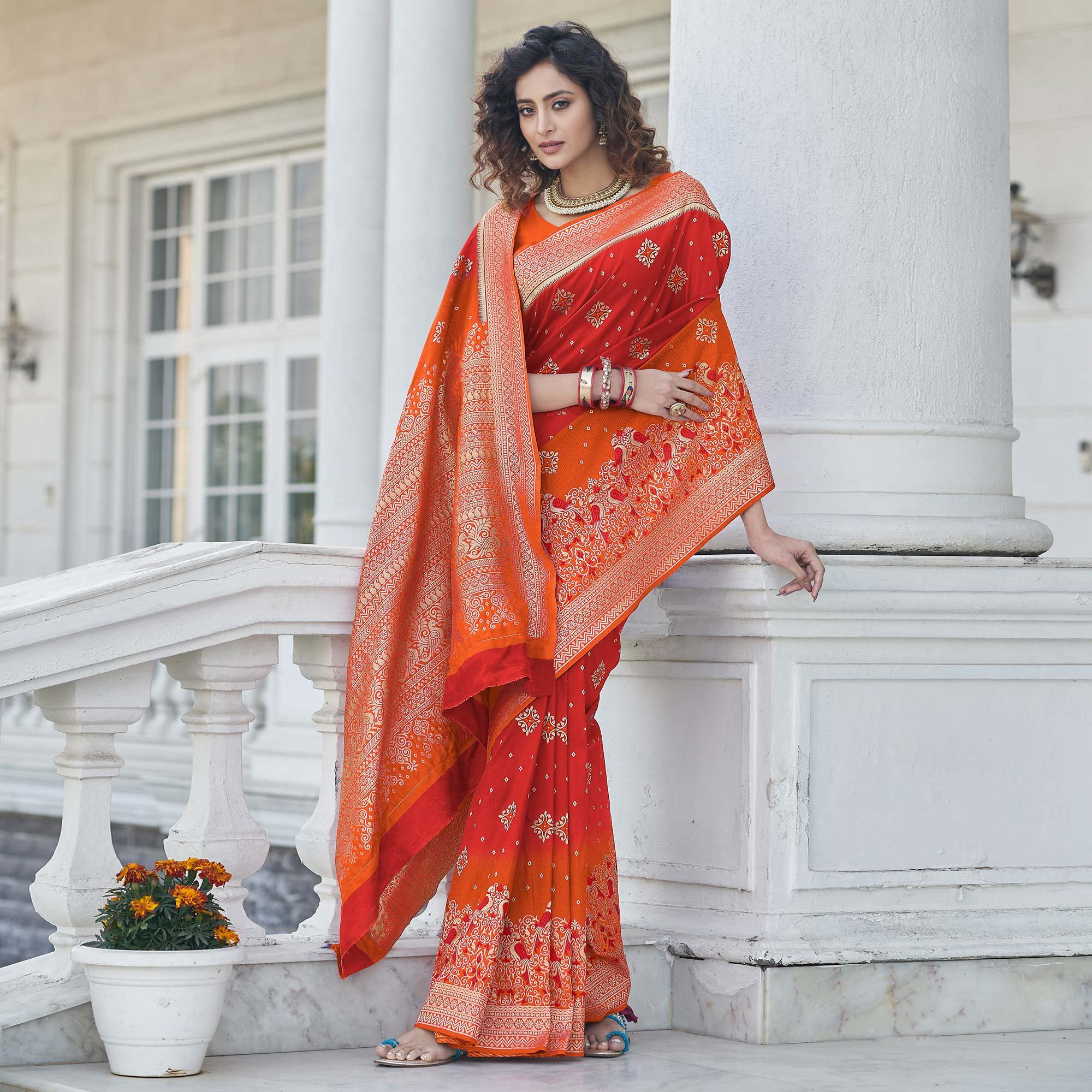 Red Festive Wear Zari Woven Banarasi Silk Saree - Peachmode