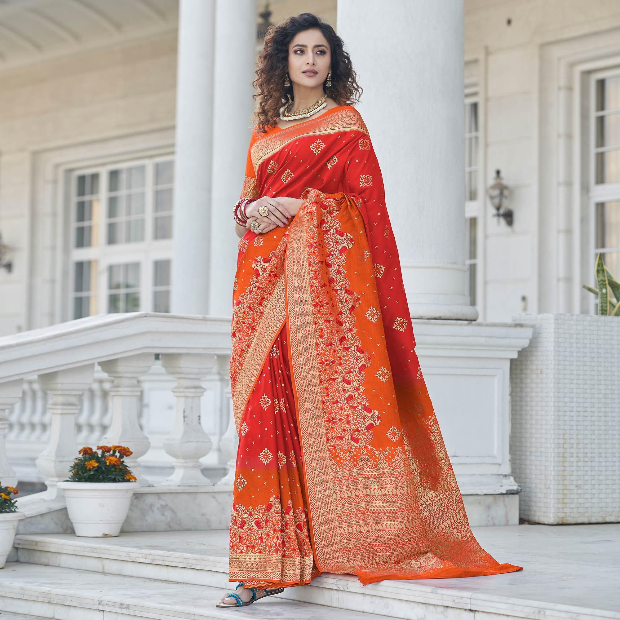 Red Festive Wear Zari Woven Banarasi Silk Saree - Peachmode