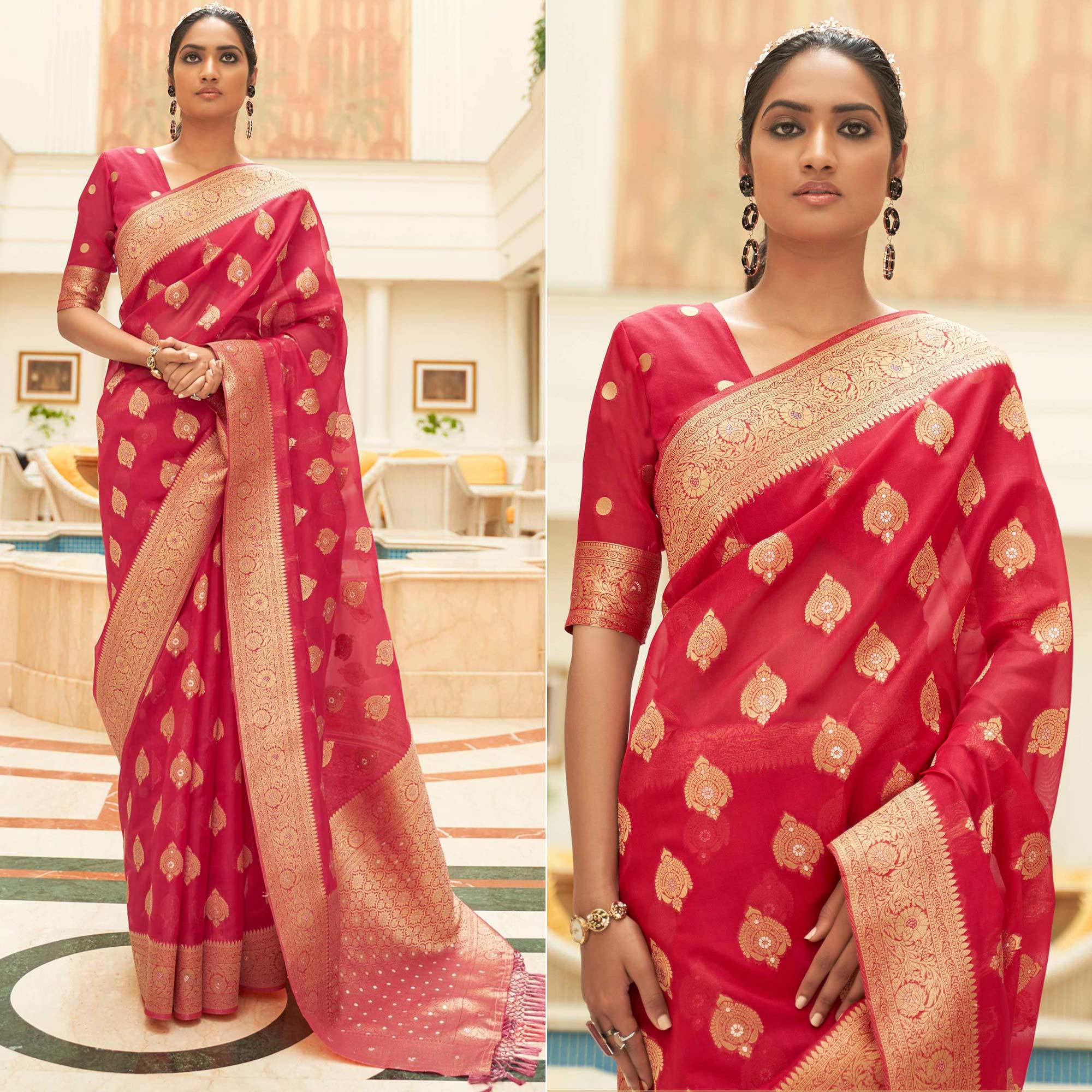 Red Festive Wear Zari Woven Organza Silk Saree With Tassels - Peachmode