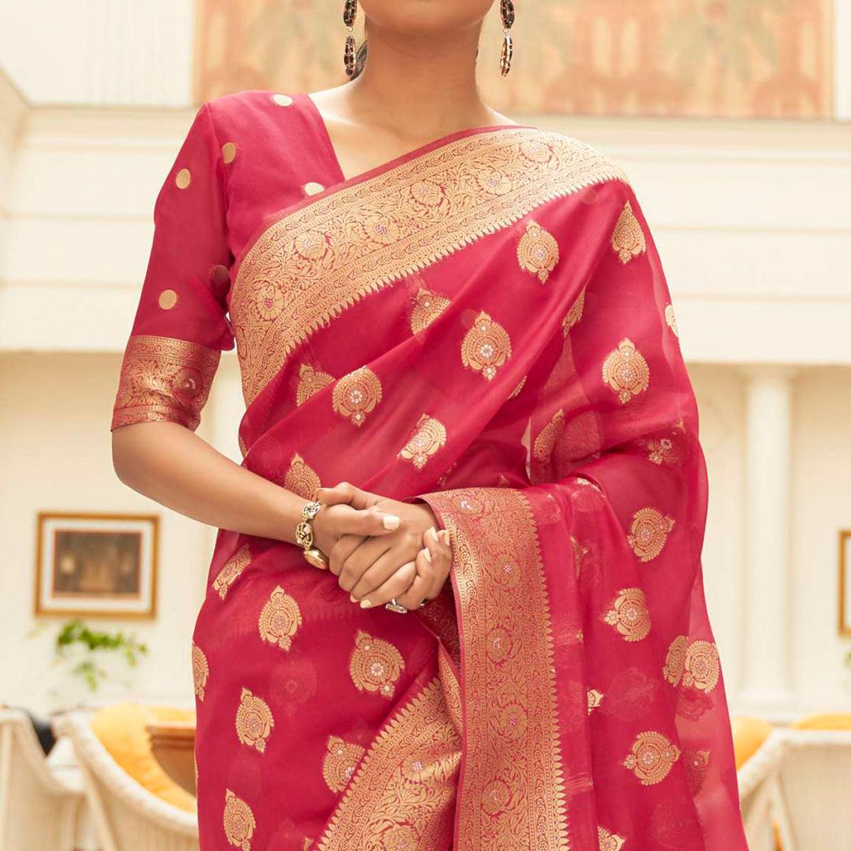 Red Festive Wear Zari Woven Organza Silk Saree With Tassels - Peachmode