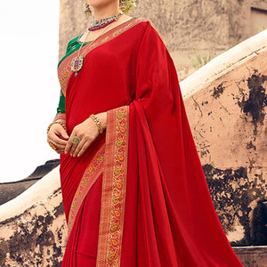 Red Festive Wear Zari Woven With Jacquard Lace & Pallu Sana Silk Saree - Peachmode