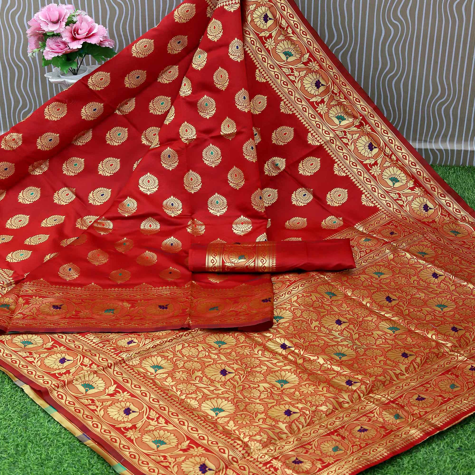 Red Festive Woven Banarasi Art Silk Saree - Peachmode