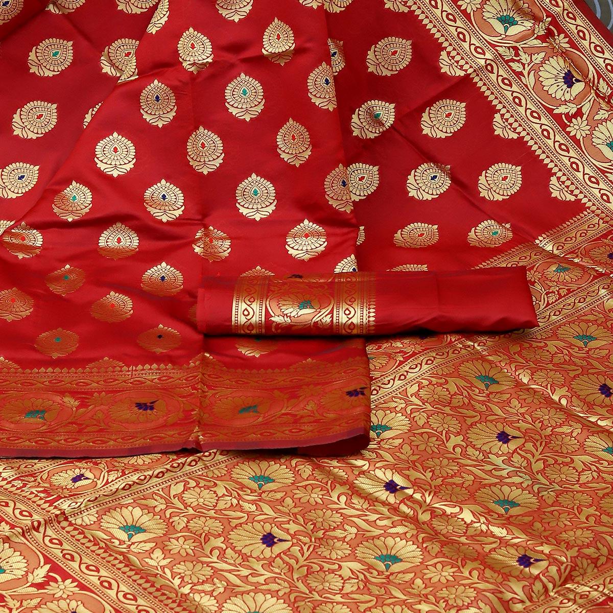 Red Festive Woven Banarasi Art Silk Saree - Peachmode