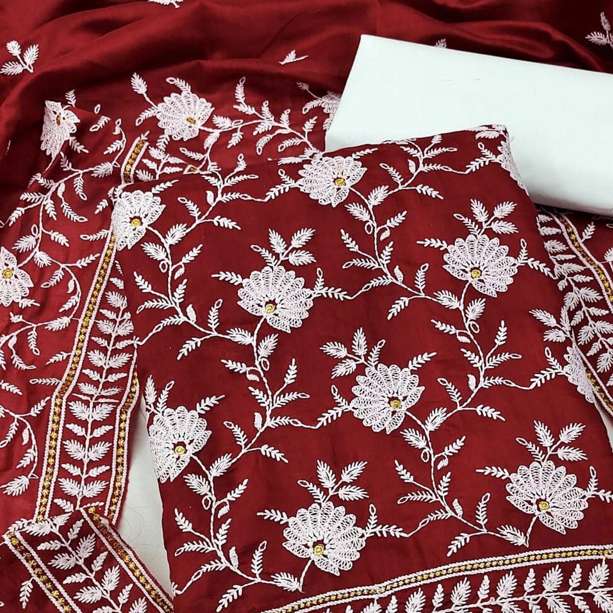 Red Floral Embroidered Muslin Dress Material - Peachmode