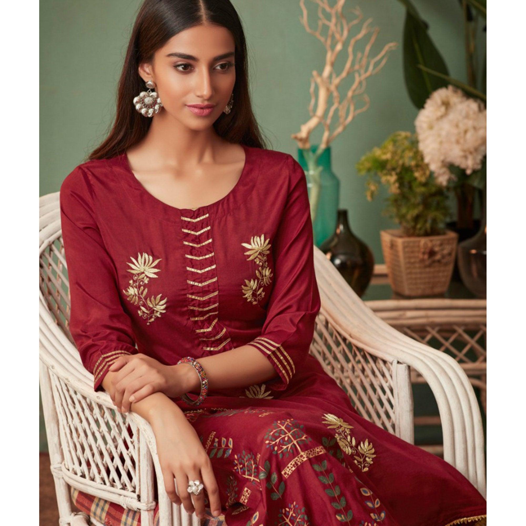 Red Floral Embroidered Muslin Palazzo Suit - Peachmode