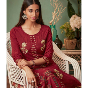 Red Floral Embroidered Muslin Palazzo Suit - Peachmode