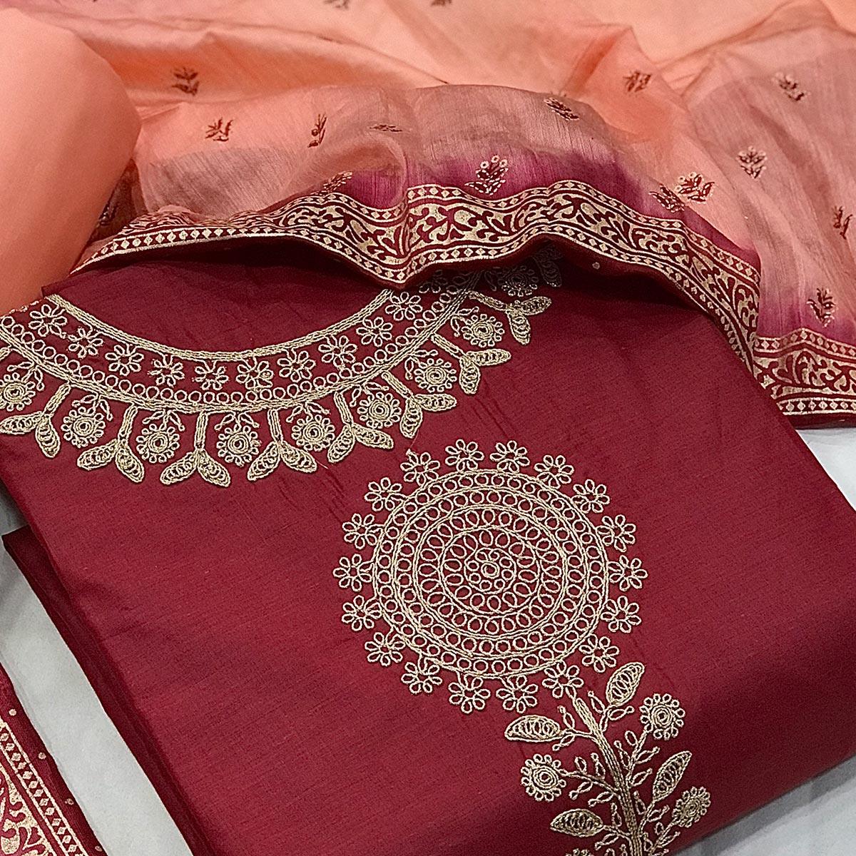 Red Floral Embroidered Pure Cotton Dress Material - Peachmode