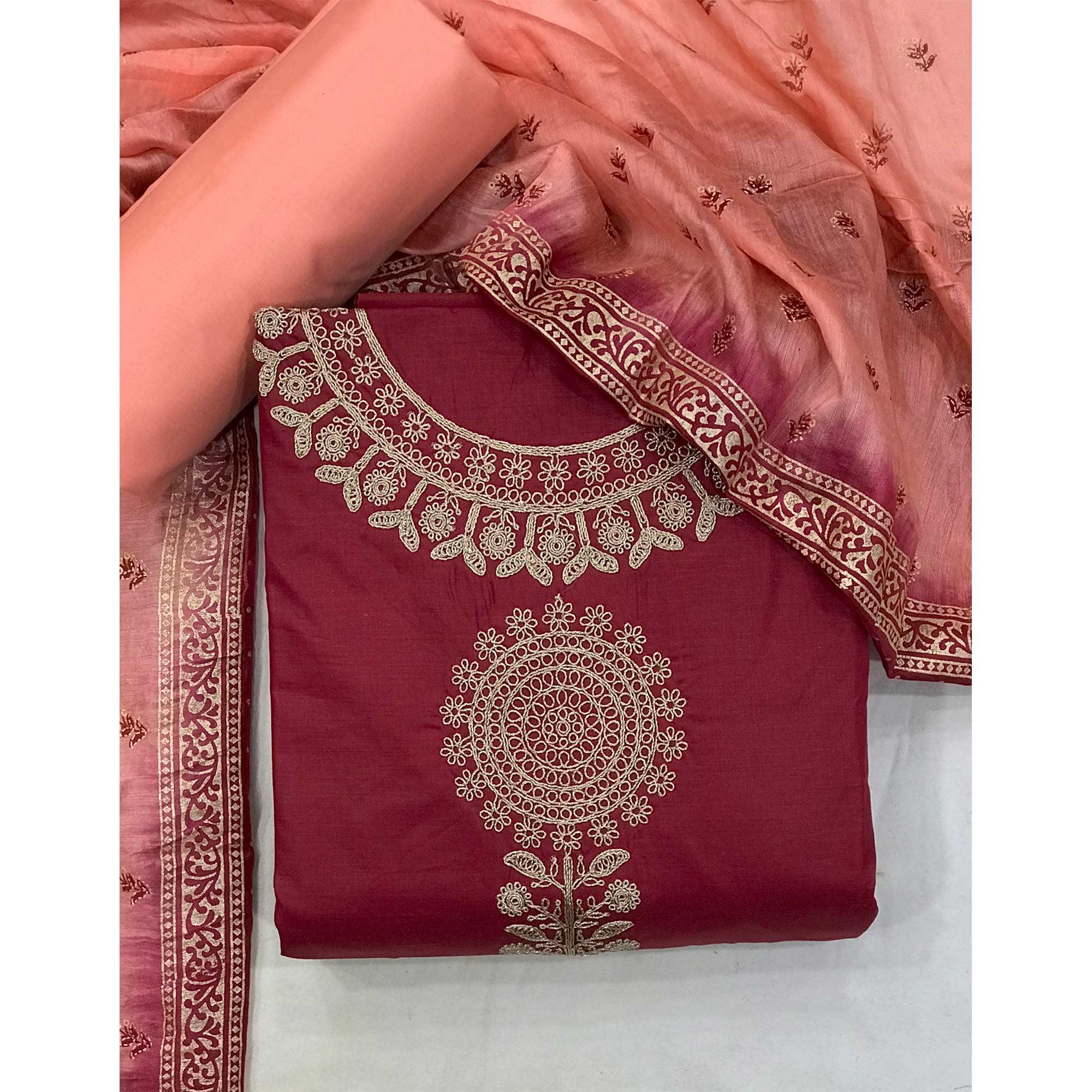 Red Floral Embroidered Pure Cotton Dress Material - Peachmode