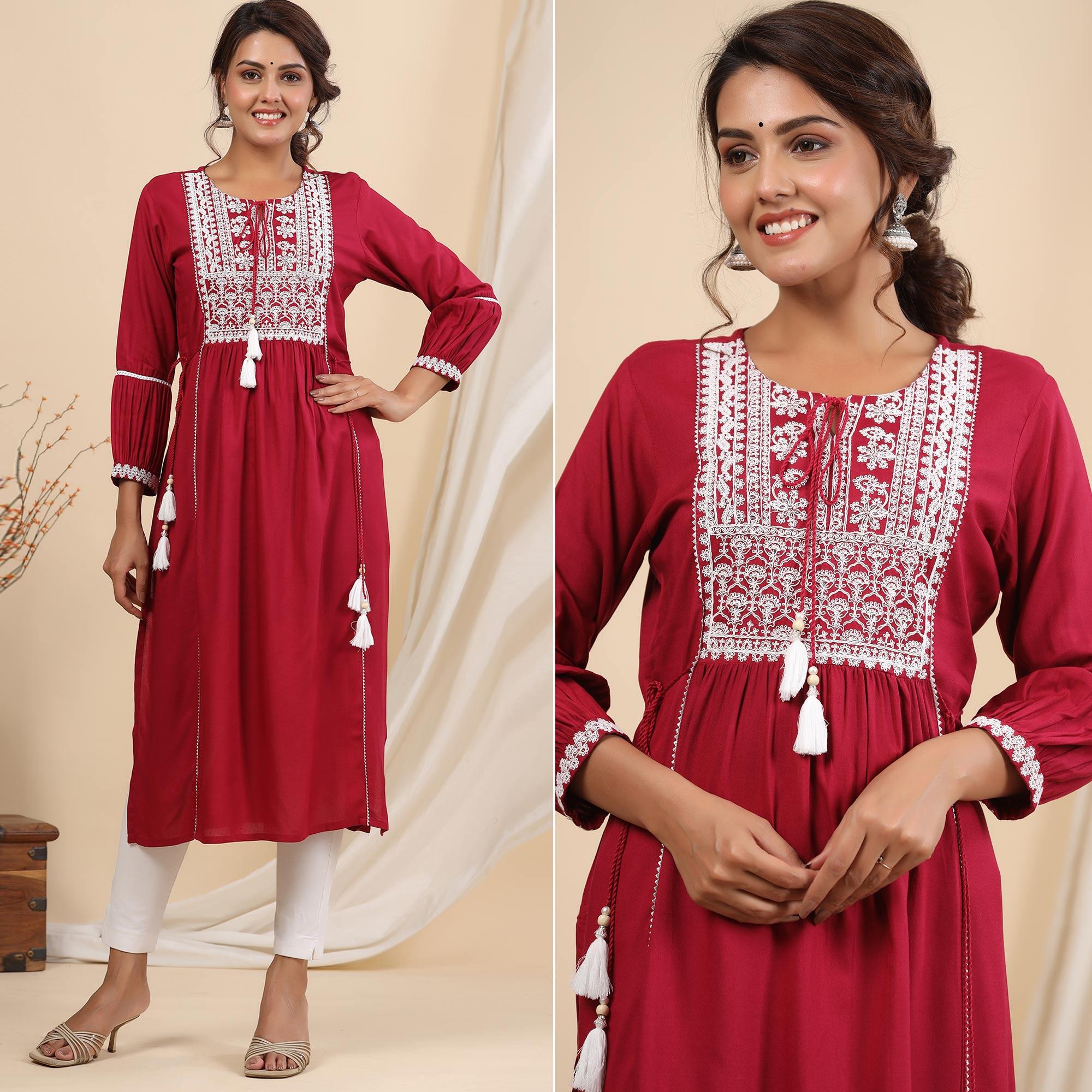 Red Floral Embroidered Rayon Kurti - Peachmode