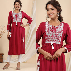 Red Floral Embroidered Rayon Kurti - Peachmode