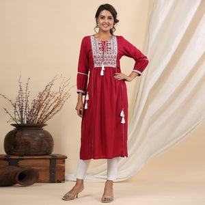 Red Floral Embroidered Rayon Kurti - Peachmode