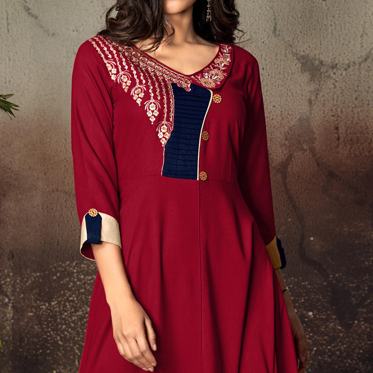 Red Floral Embroidered Rayon Kurti - Peachmode