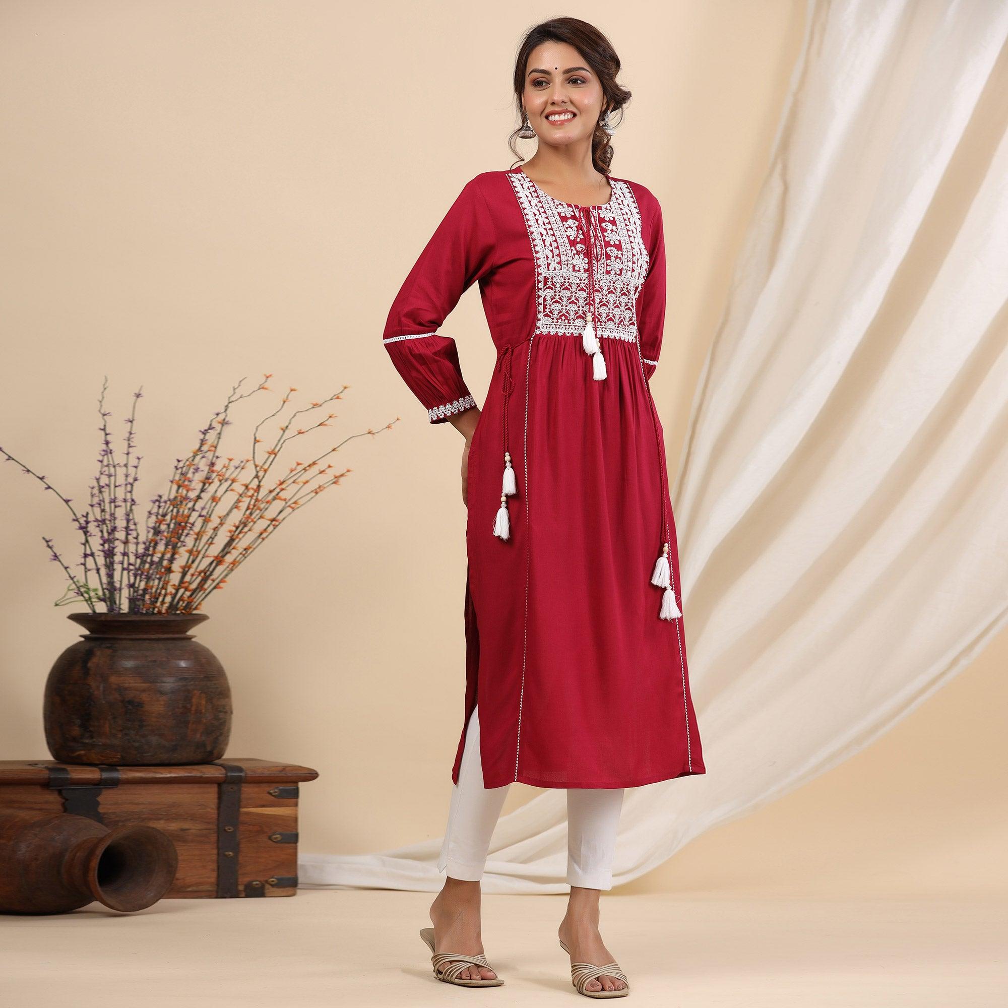 Red Floral Embroidered Rayon Kurti - Peachmode