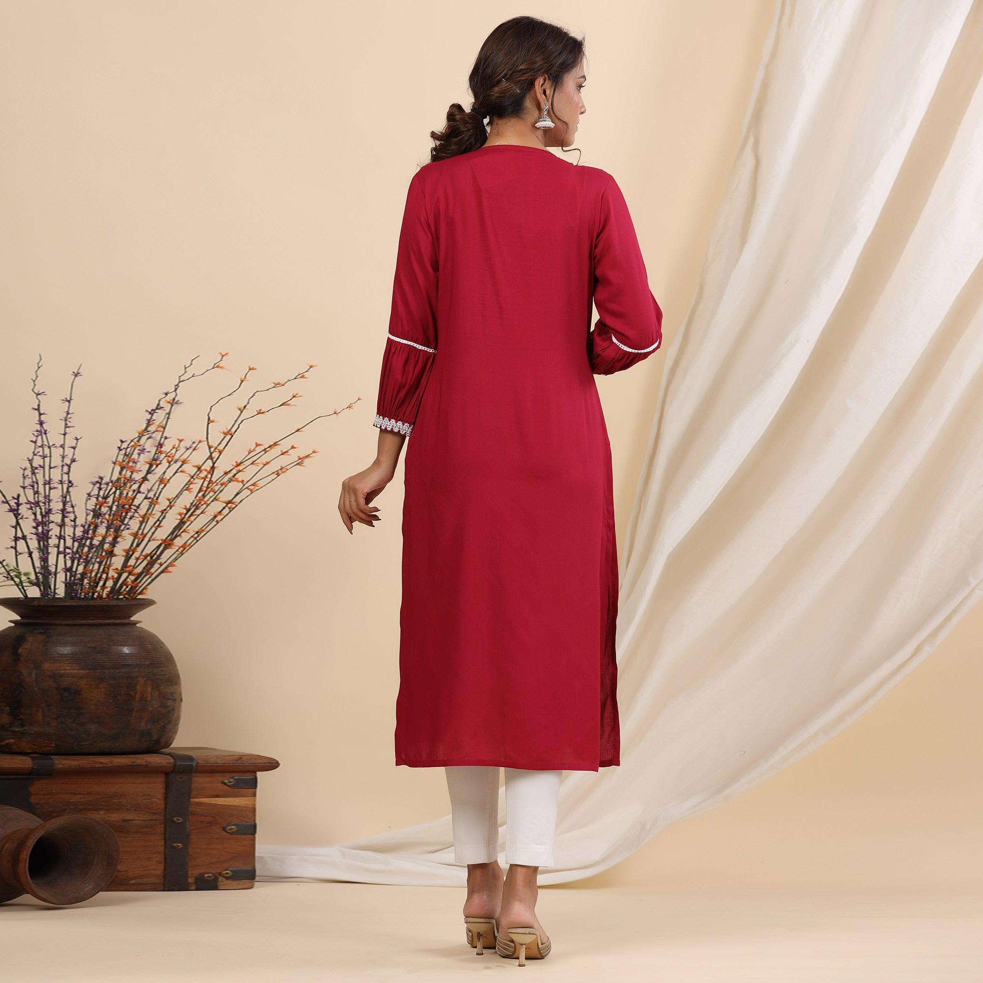 Red Floral Embroidered Rayon Kurti - Peachmode