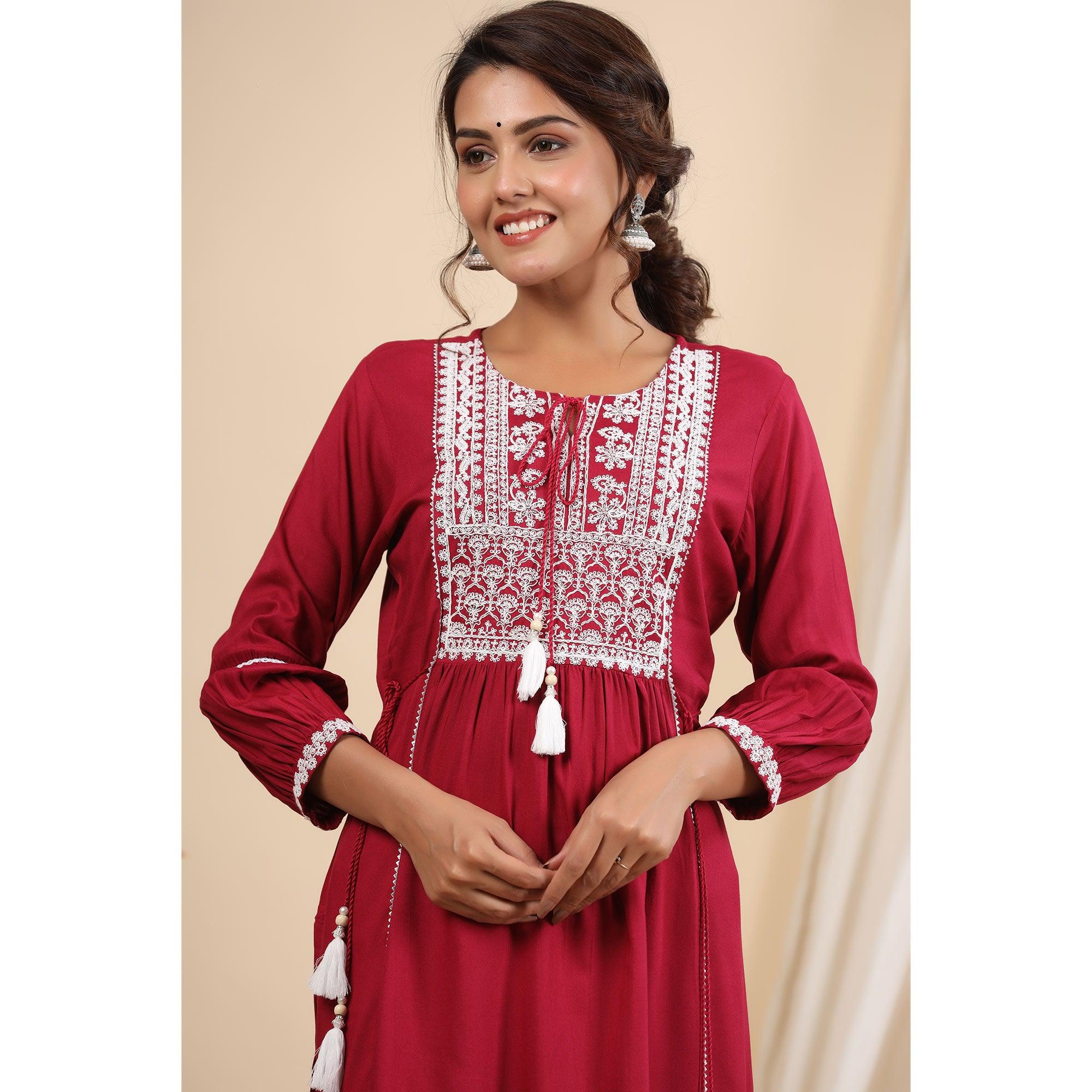 Red Floral Embroidered Rayon Kurti - Peachmode