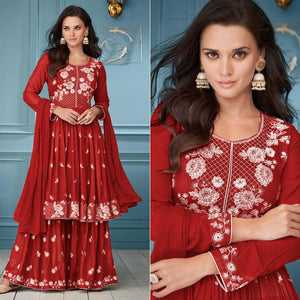Red Floral Embroidered Rayon Palazzo Suit - Peachmode