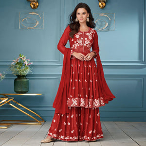 Red Floral Embroidered Rayon Palazzo Suit - Peachmode