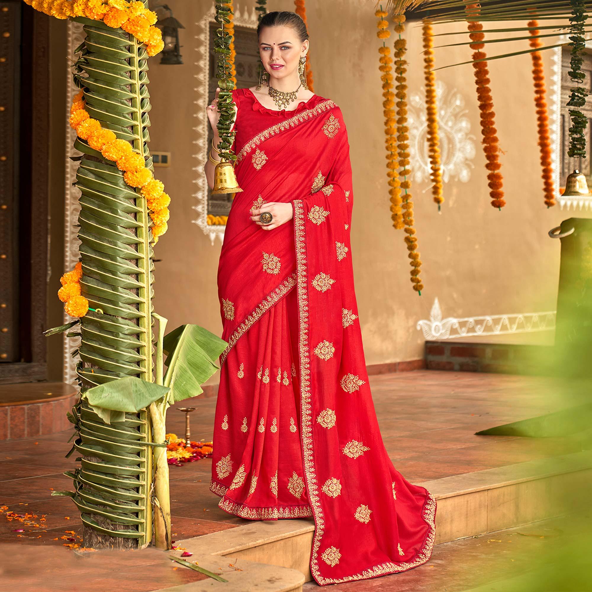 Red Floral Embroidered Vichitra Silk Saree - Peachmode