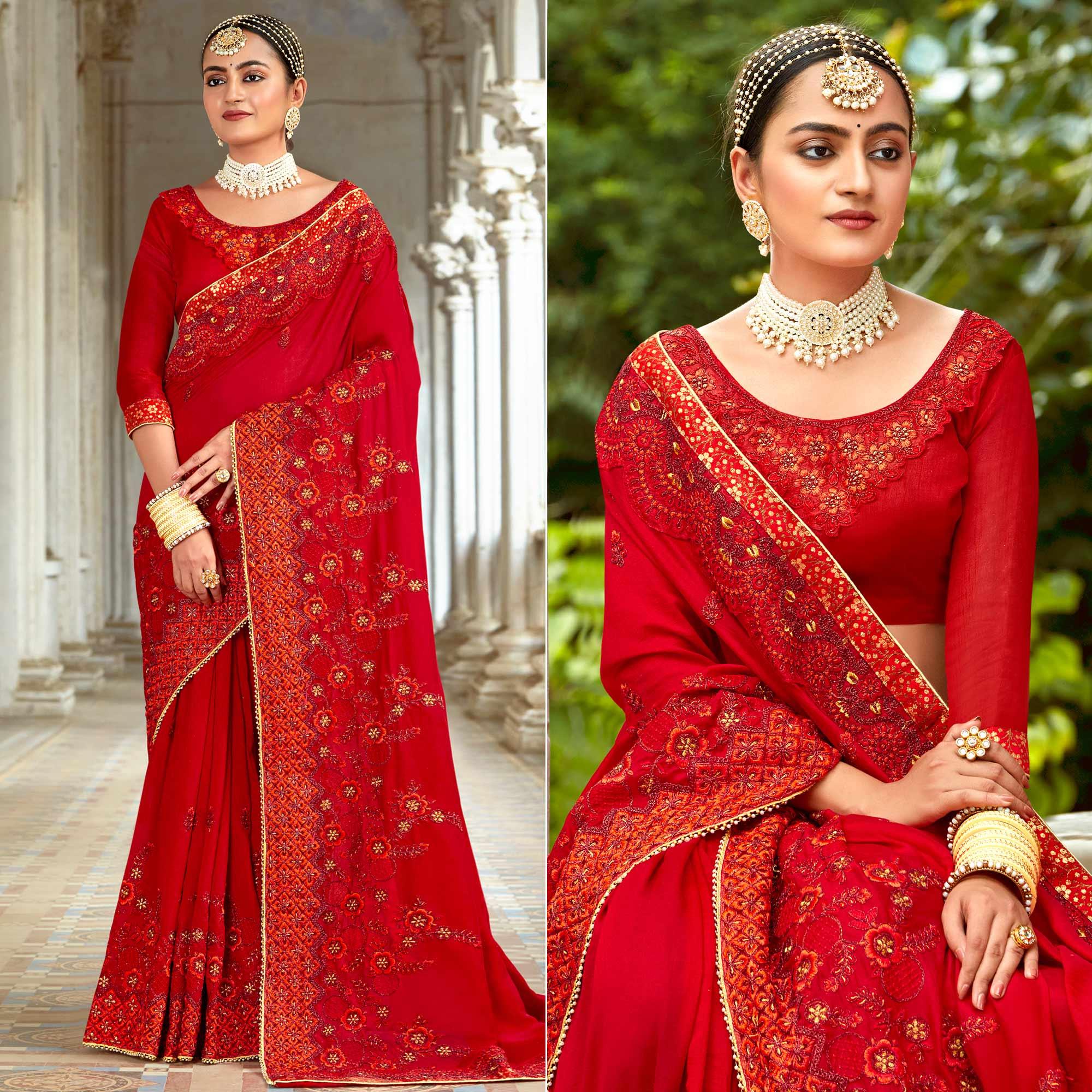 Red Floral Embroidered Vichitra Silk Saree - Peachmode