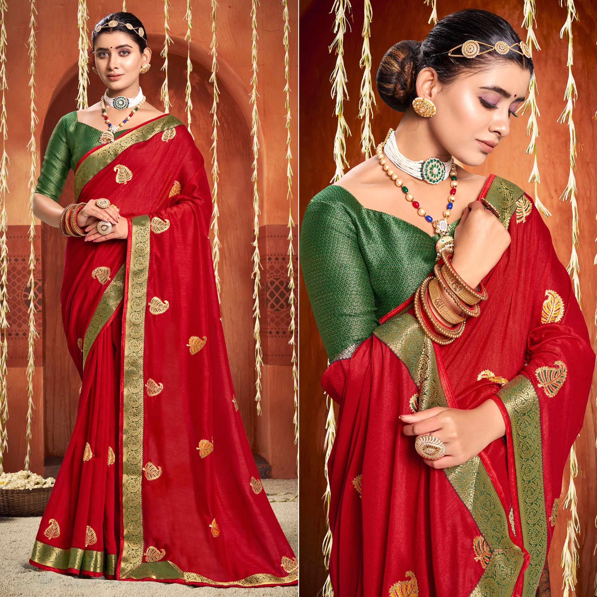 Red Floral Embroidered Vichitra Silk Saree - Peachmode