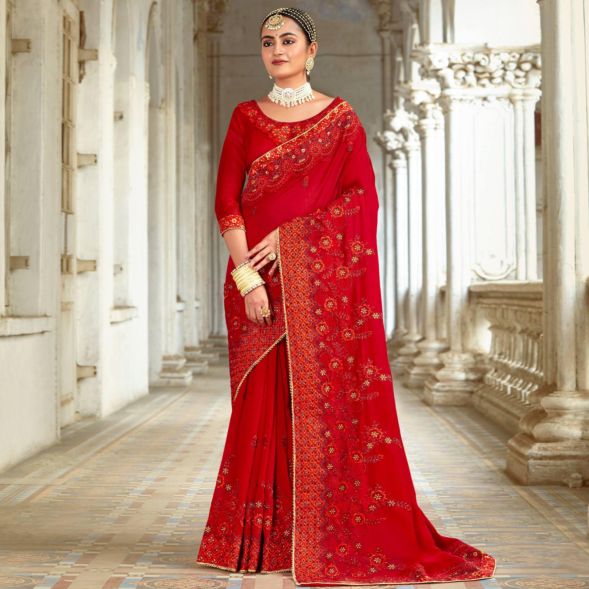 Red Floral Embroidered Vichitra Silk Saree - Peachmode