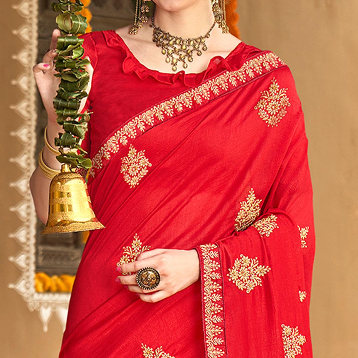 Red Floral Embroidered Vichitra Silk Saree - Peachmode