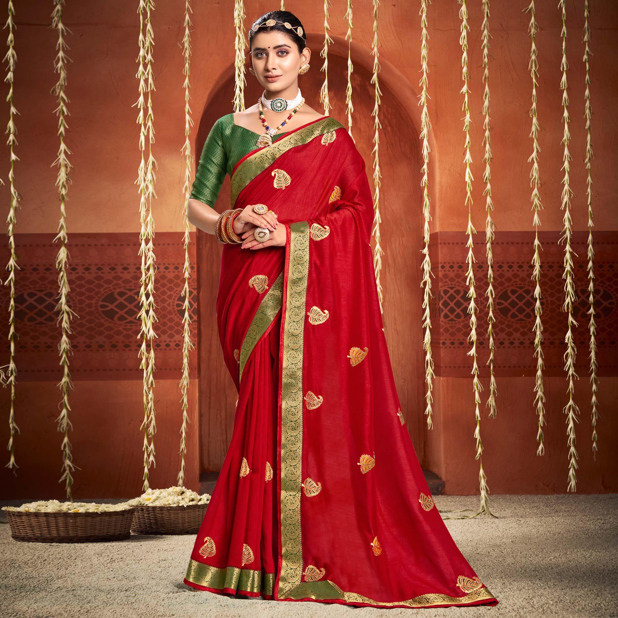 Red Floral Embroidered Vichitra Silk Saree - Peachmode