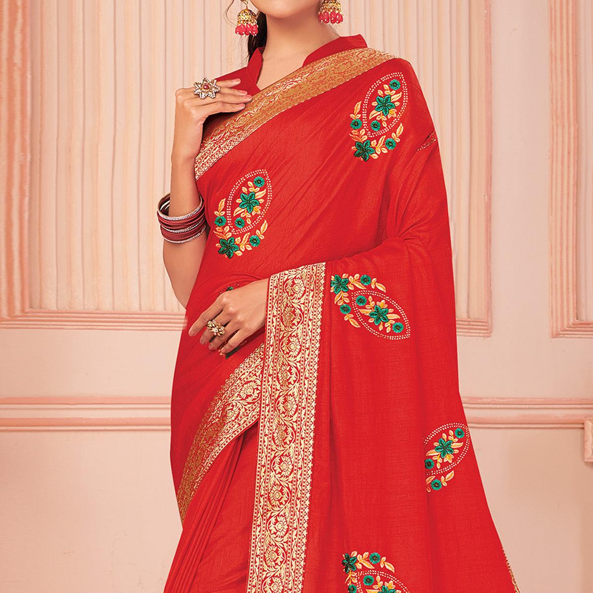 Red Floral Embroidered Vichitra Silk Saree - Peachmode