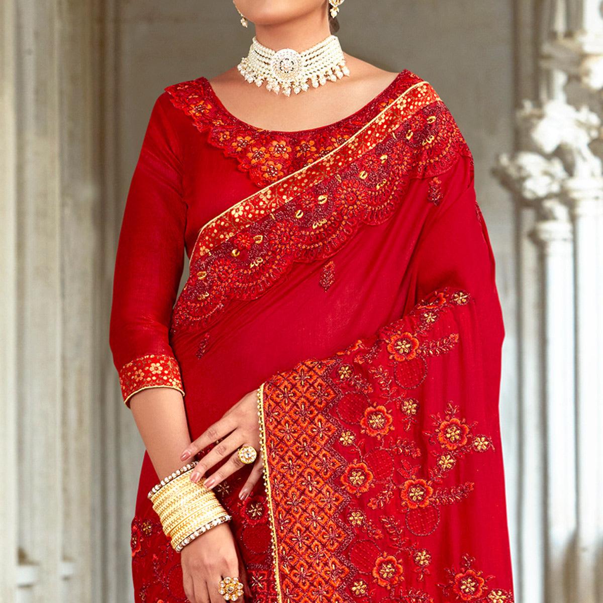 Red Floral Embroidered Vichitra Silk Saree - Peachmode